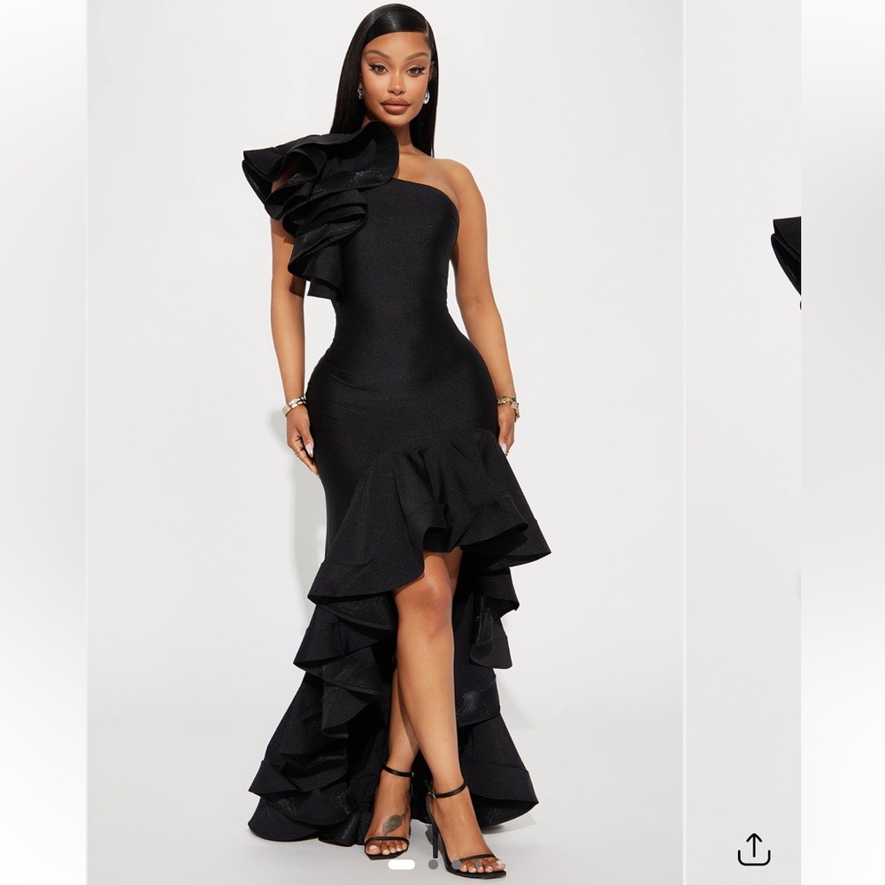 Fashion Nova Black One-Shoulder Ruffle Dress